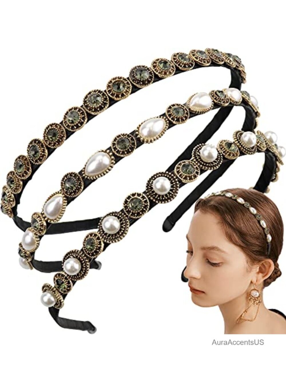Pearl Rhinestone Thin Headbands Set Cloth Wrapped Metal Hair Hoop Elastic